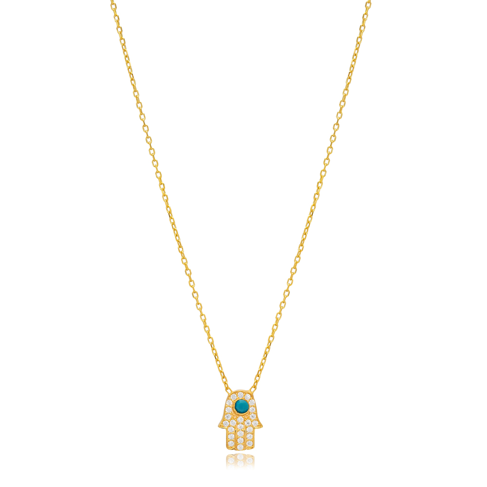 Hamsa Shape Turquoise with Zircon Stone Charm Necklace Turkish Handmade Wholesale 925 Sterling Silver Jewelry
