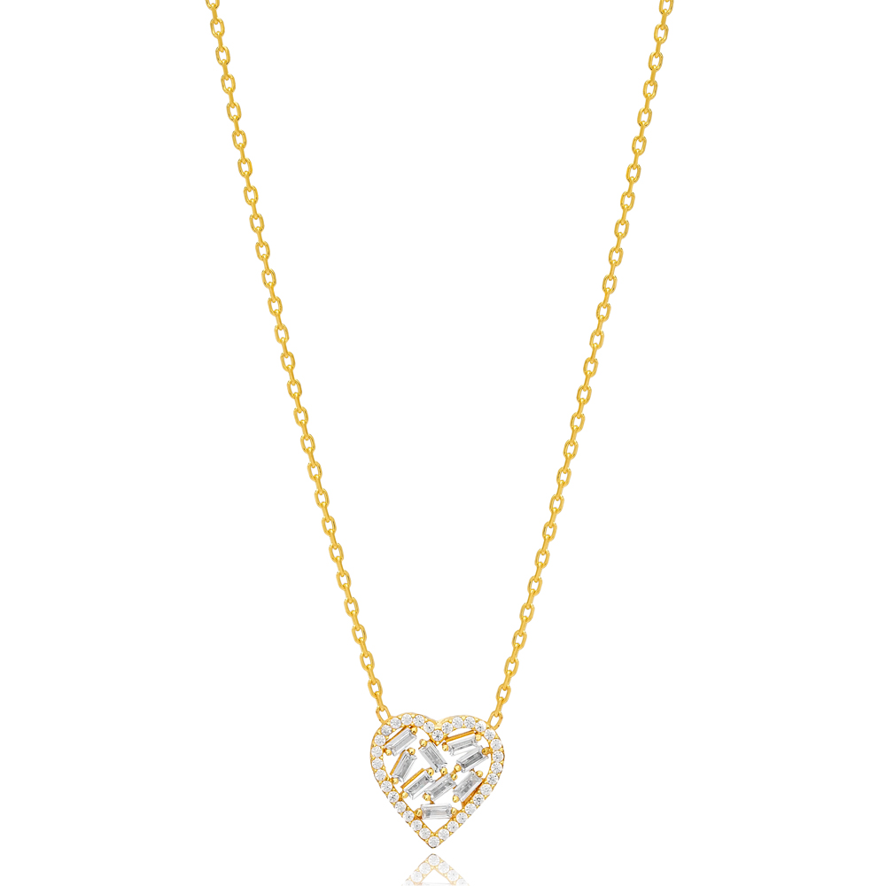 Heart Design Baguette Zircon Stone Charm Necklace Turkish Handcrafted Wholesale 925 Sterling Silver Jewelry