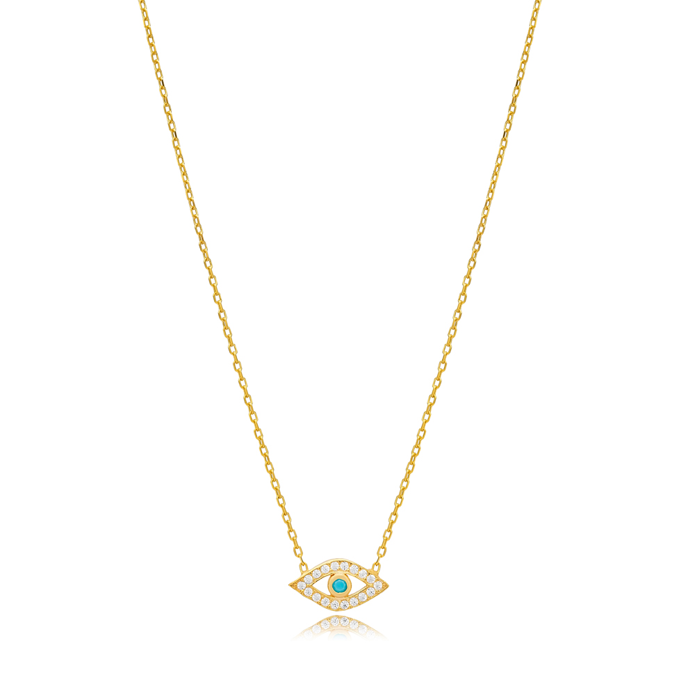 Minimalist Evil Eye Design Turquoise with Zircon Stone Charm Necklace Turkish Handmade Wholesale 925 Sterling Silver Jewelry