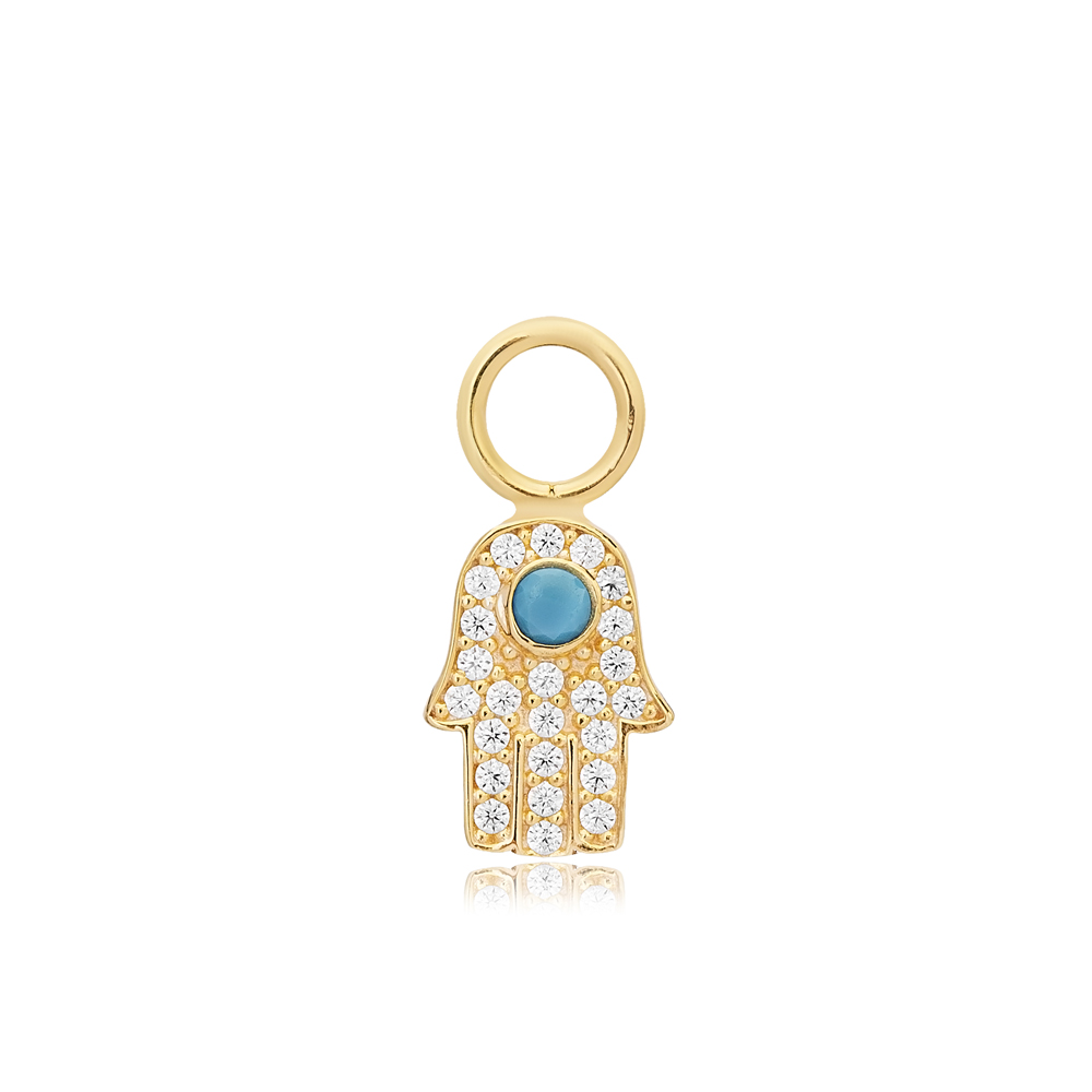 Hamsa Design Turquoise Zircon Stone Single Earring Charm Turkish Handmade 925 Sterling Silver Jewelry