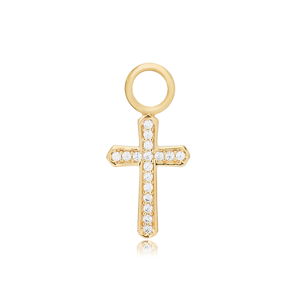 Cross Design Zircon Stone Single Earring Charm Turkish Handcrafted Wholesale 925 Sterling Silver Jewelry