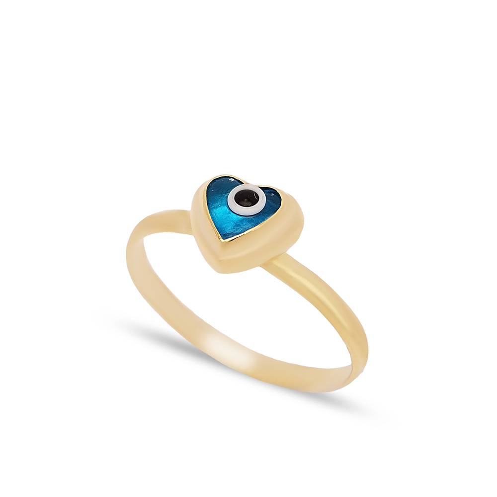 Heart Shape Blue Evil Eye Design Woman Ring Turkish Handmade Wholesale 925 Sterling Silver Jewelry