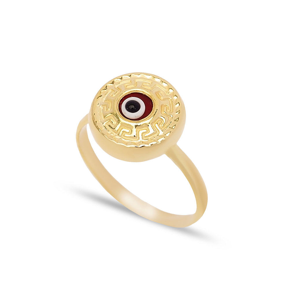 New Fashion Round Shape Red Evil Eye Design Woman Ring Turkish Handmade Wholesale 925 Sterling Silver Jewelry