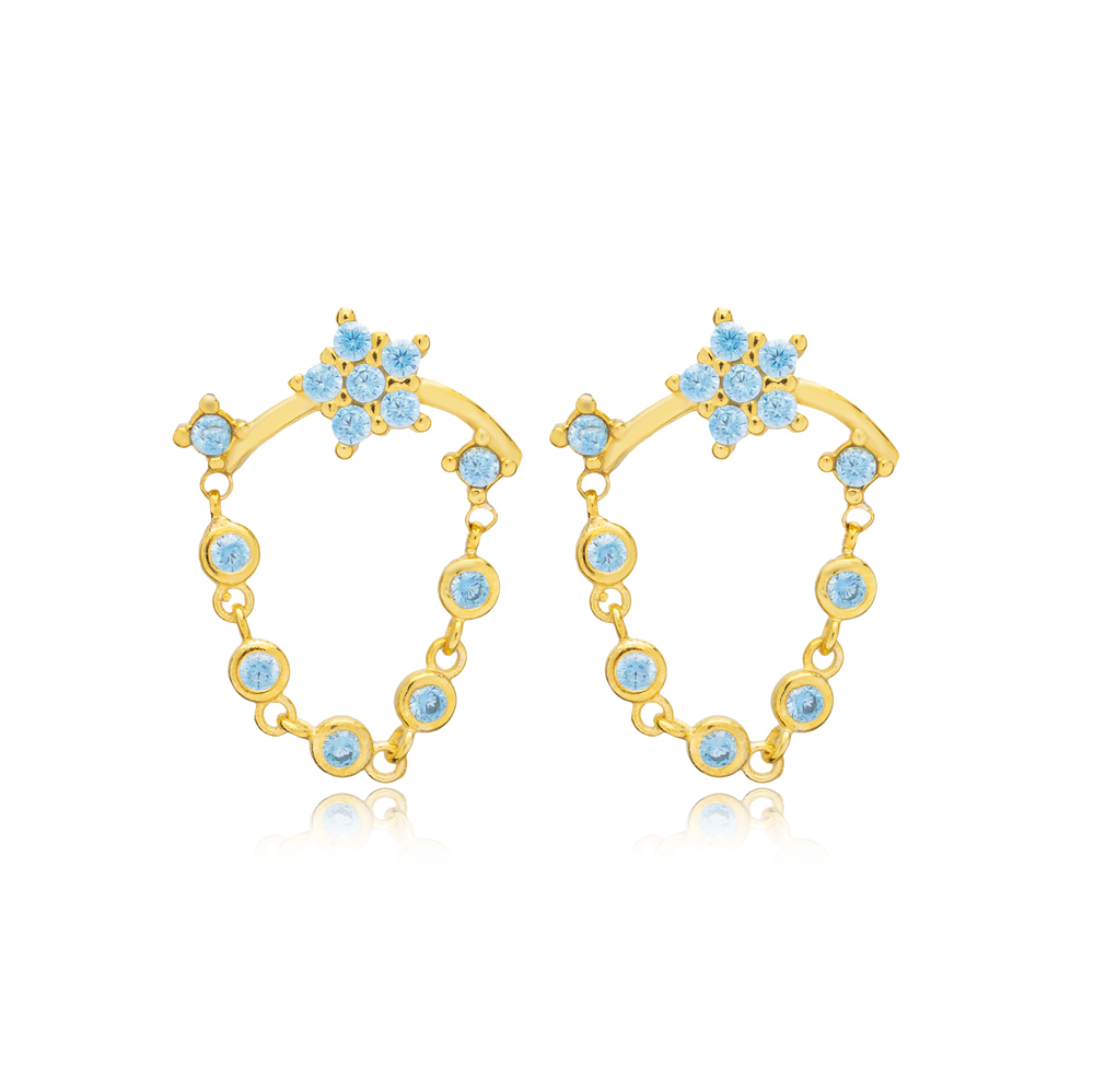 Star Shape Chain Design Aquamarine Stone Stud Earrings Turkish Handcrafted Wholesale 925 Sterling Silver Jewelry