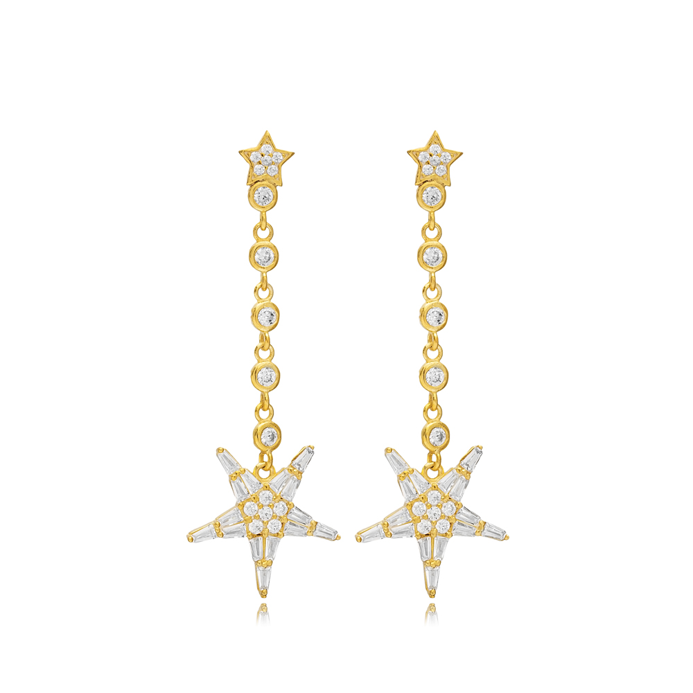 Star Design Clear Zircon Stone Long Earrings Turkish Handmade Wholesale 925 Sterling Silver Jewelry