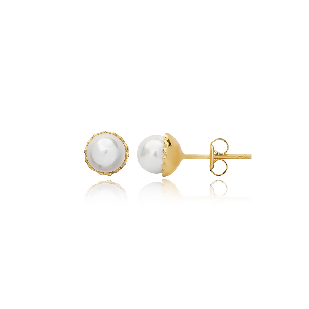 Minimalist Single Pearl Design Stud Earrings 925 Sterling Silver Turkish Handmade Wholesale Jewelry