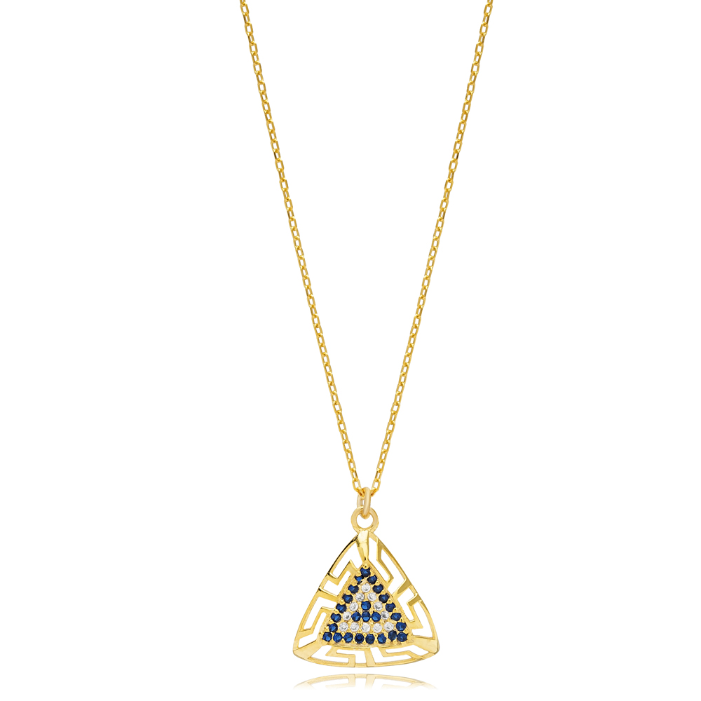 Triangle Geometric Shape Evil Eye Design Greek Collection Charm Necklace Turkish Handmade Wholesale Jewelry 925 Sterling Silver Pendant