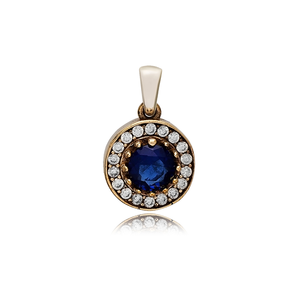 Round Shape Sapphire CZ Stone Authentic Pendant Charm Turkish Handmade Wholesale 925 Sterling Silver Jewelry