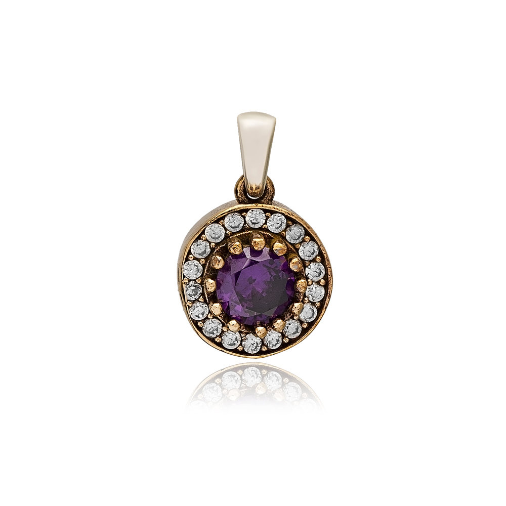 Round Shape Amethyst CZ Stone Authentic Pendant Charm Turkish Handmade Wholesale Silver Jewelry 925 Sterling Silver Authentic Charm