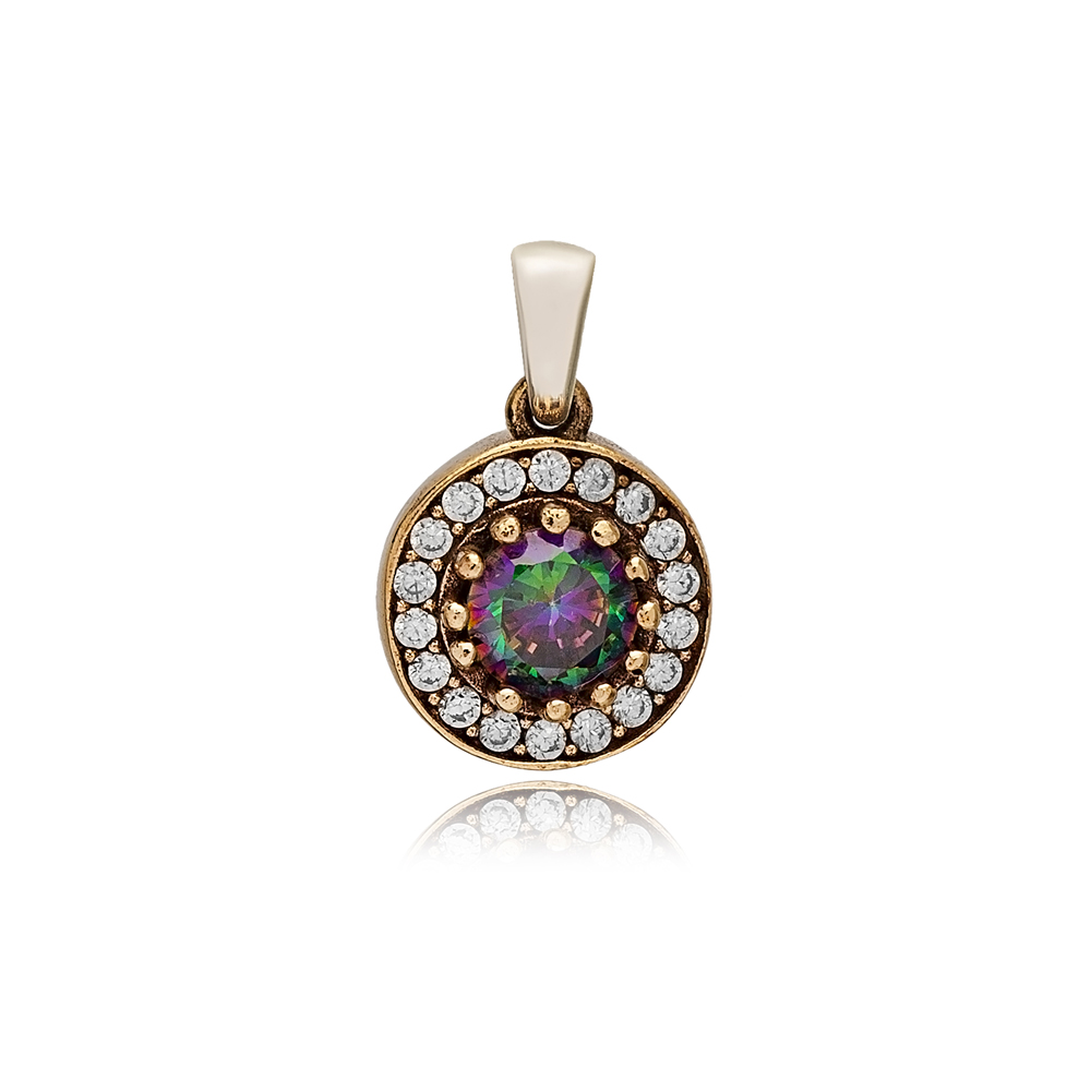 Round Shape Mystic Topaz CZ Stone Authentic Pendant Charm Turkish Handmade Wholesale 925 Sterling Silver Jewelry