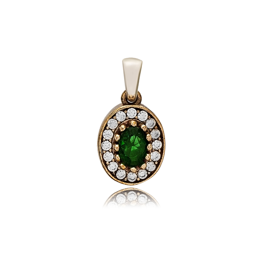 Oval Shape Emerald CZ Stone Authentic Pendant Charm Turkish Handmade Wholesale 925 Sterling Silver Jewelry