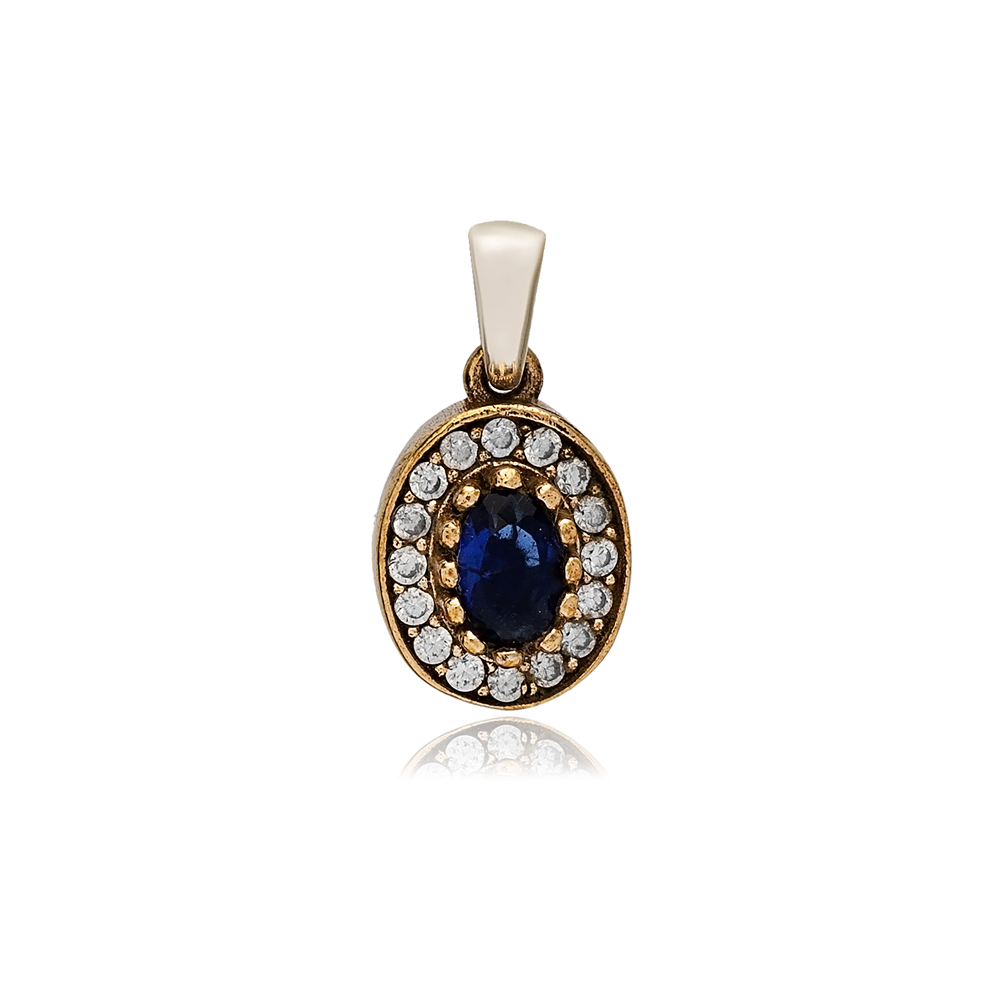 Oval Shape Sapphire CZ Stone Authentic Pendant Charm Turkish Handmade Wholesale Silver Jewelry 925 Sterling Silver Authentic Charm