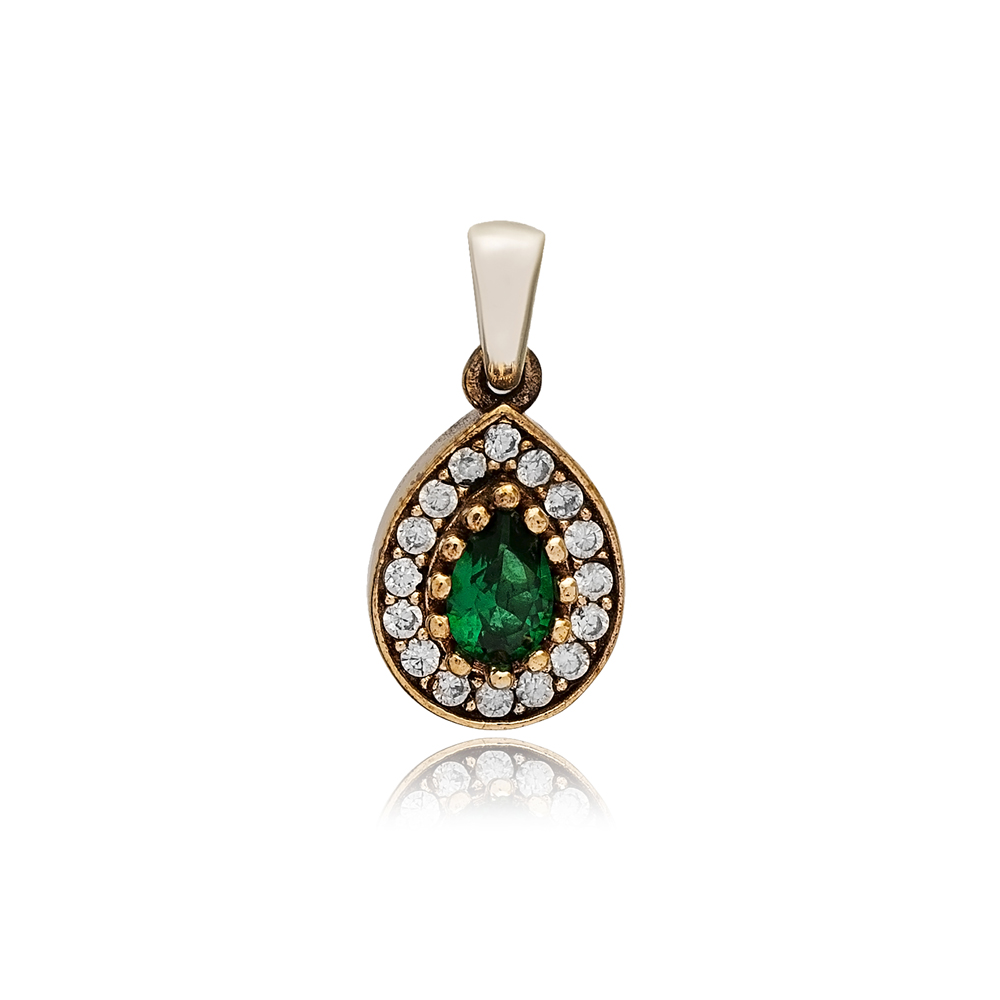 Pear  Shape Emerald CZ Stone Authentic Pendant Charm Turkish Handmade Wholesale 925 Sterling Silver Jewelry