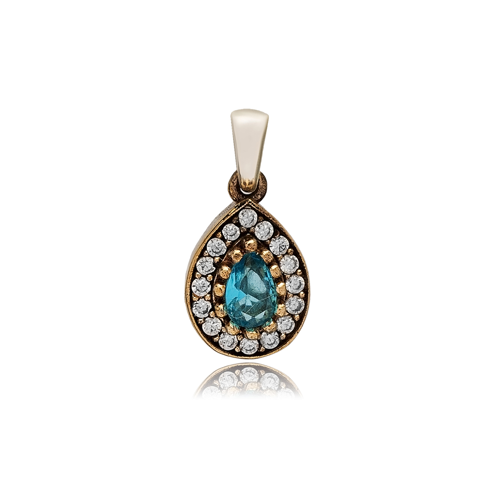 Pear Shape Aquamarine CZ Stone Authentic Pendant Charm Turkish Handmade Wholesale 925 Sterling Silver Jewelry