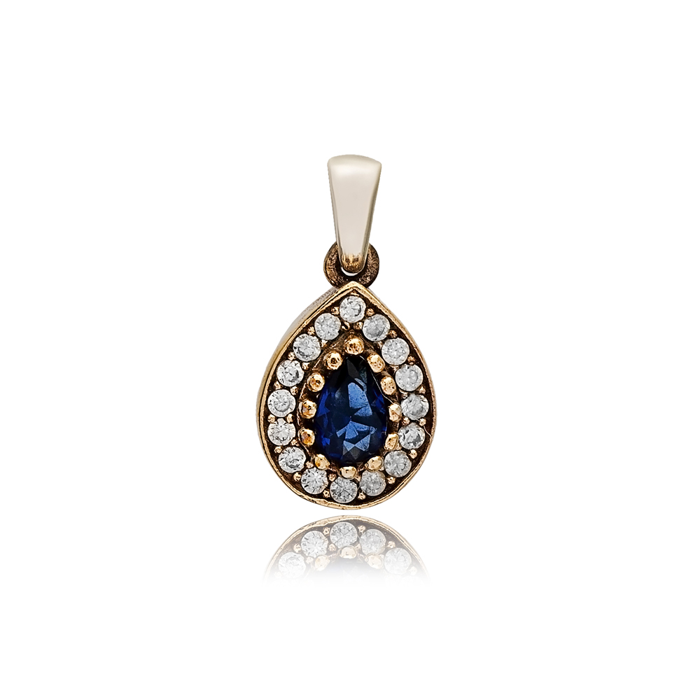 Pear Shape Sapphire CZ Stone Authentic Pendant Charm Turkish Handmade Wholesale Silver Jewelry 925 Sterling Silver Authentic Charm