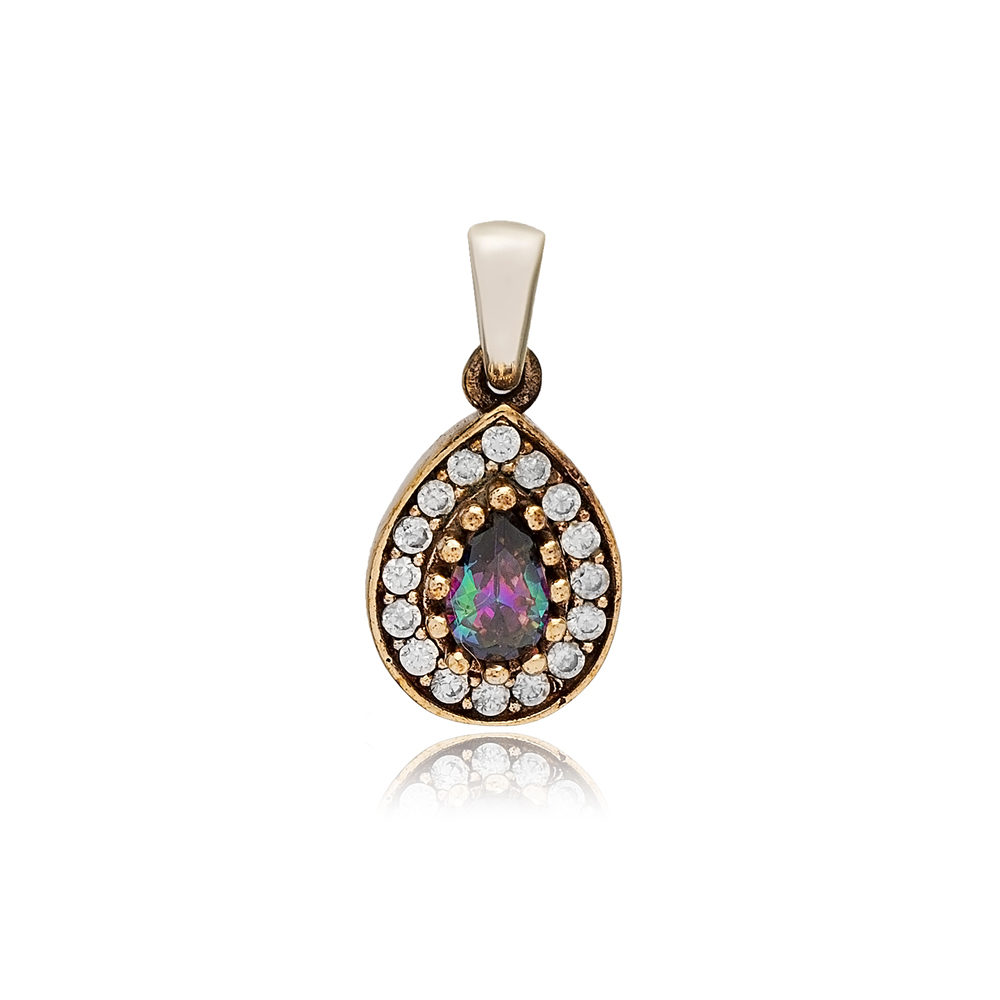 Pear Shape Mystic Topaz CZ Stone Authentic Pendant Charm Turkish Handmade Wholesale Silver Jewelry 925 Sterling Silver Authentic Charm