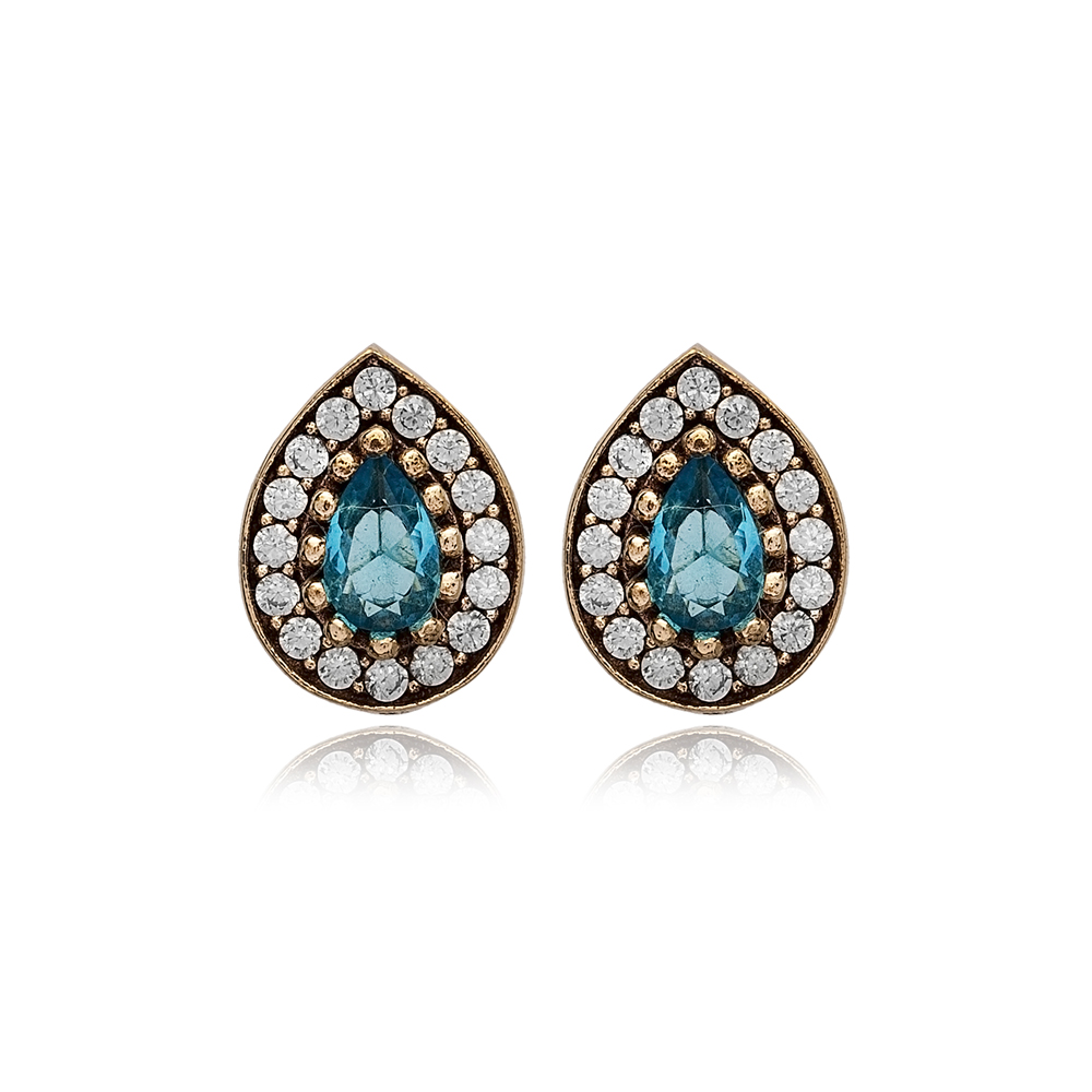 Pear Shape Aquamarine CZ Stone Stone Authentic Stud Earrings Turkish Handmade Wholesale Jewelry 925 Sterling Silver Earrings