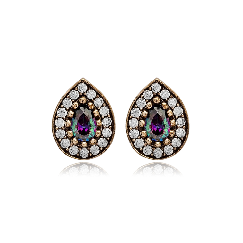 Pear Shape Mystic Topaz CZ Stone Authentic Stud Earrings Turkish Handmade Wholesale Jewelry 925 Sterling Silver Earrings