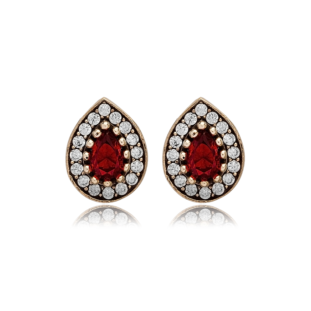 Pear Shape Garnet CZ Stone Authentic Stud Earrings Turkish Handmade Wholesale 925 Sterling Silver Jewelry