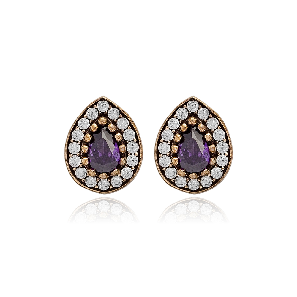 Pear Shape Amethyst CZ Stone Authentic Stud Earrings Turkish Handmade Wholesale 925 Sterling Silver Jewelry