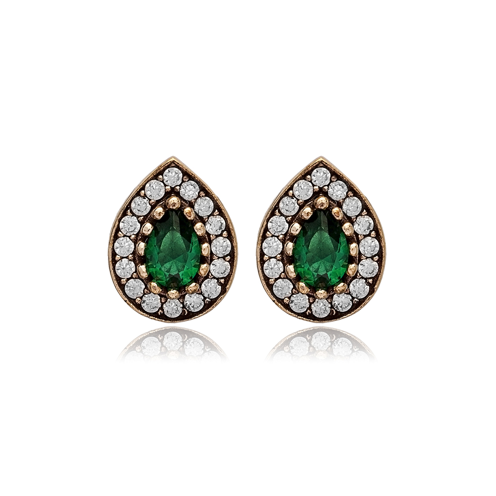 Pear Cut Emerald CZ Stone Authentic Stud Earrings Turkish Handmade Wholesale Jewelry 925 Sterling Silver Earrings