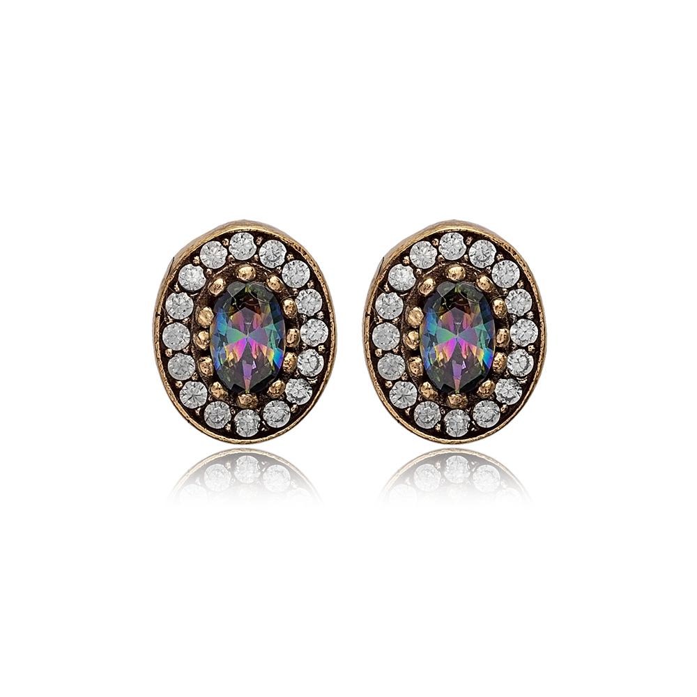 Oval Shape Mystic Topaz CZ Stone Authentic Stud Earrings Turkish Handmade Wholesale Jewelry 925 Sterling Silver Earrings