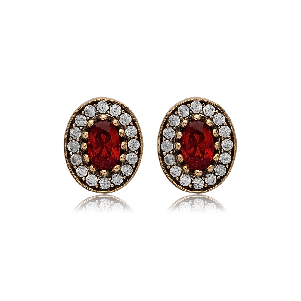 Oval Shape Garnet CZ Stone Authentic Stud Earrings Turkish Handmade Wholesale Jewelry 925 Sterling Silver Earrings