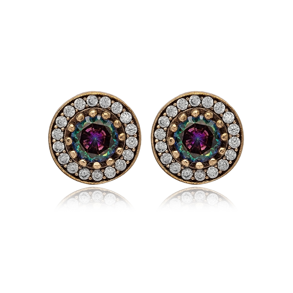 Round Shape Mystic Topaz CZ Stone Authentic Stud Earrings Turkish Handmade Wholesale Jewelry 925 Sterling Silver Earrings