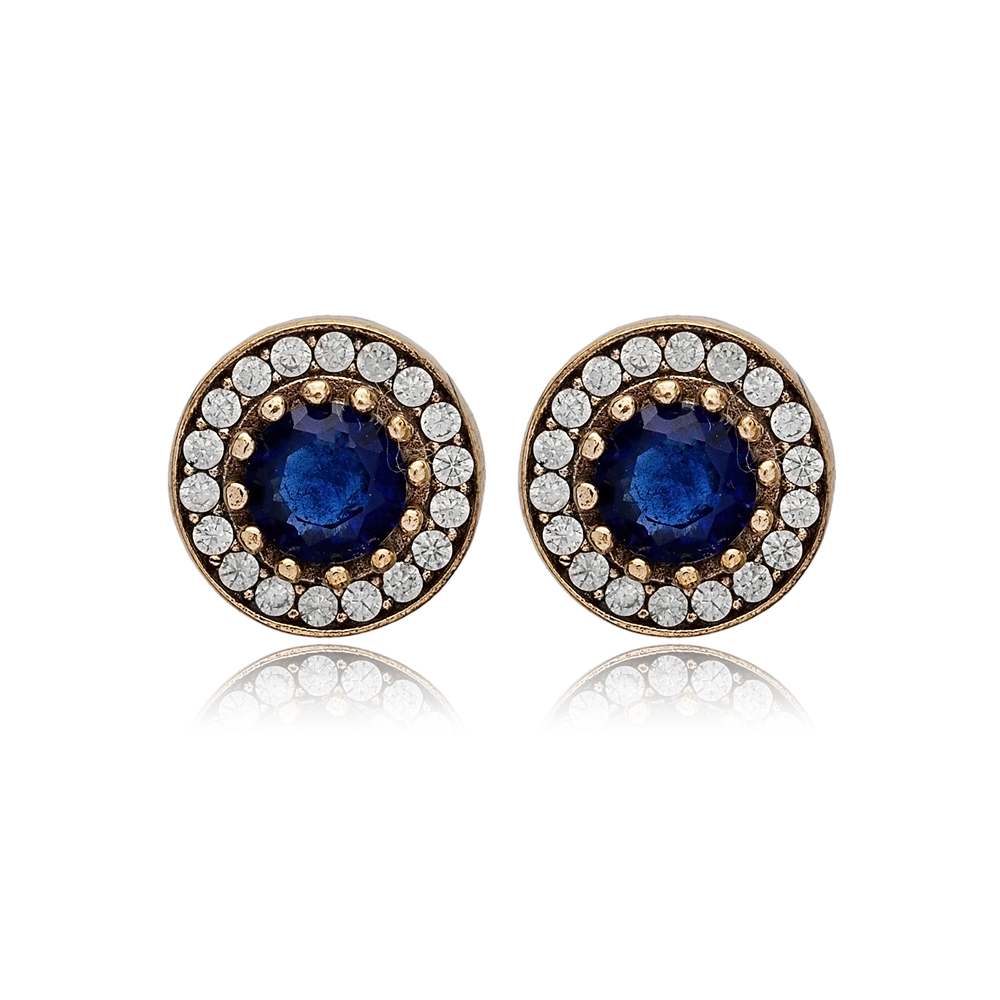 Round Shape Sapphire CZ Stone Authentic Stud Earrings Turkish Handmade Wholesale Jewelry 925 Sterling Silver Earrings