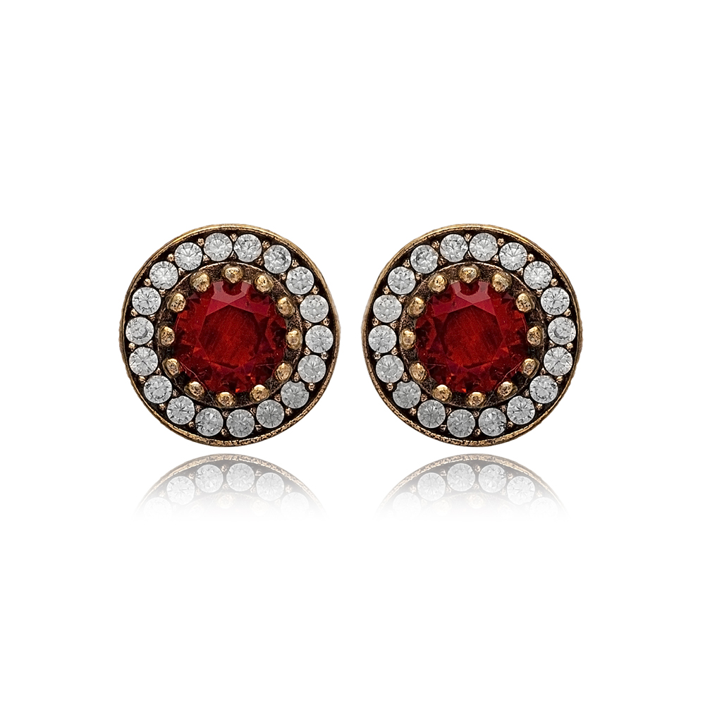 Round Shape Garnet CZ Stone Stone Authentic Stud Earrings Turkish Handmade Wholesale 925 Sterling Silver Jewelry