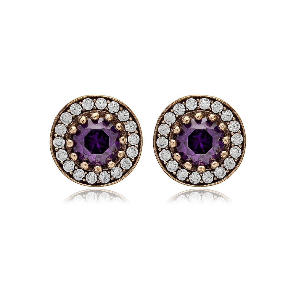 Round Shape Amethyst CZ Stone Stone Authentic Stud Earrings Turkish Handmade Wholesale 925 Sterling Silver Jewelry