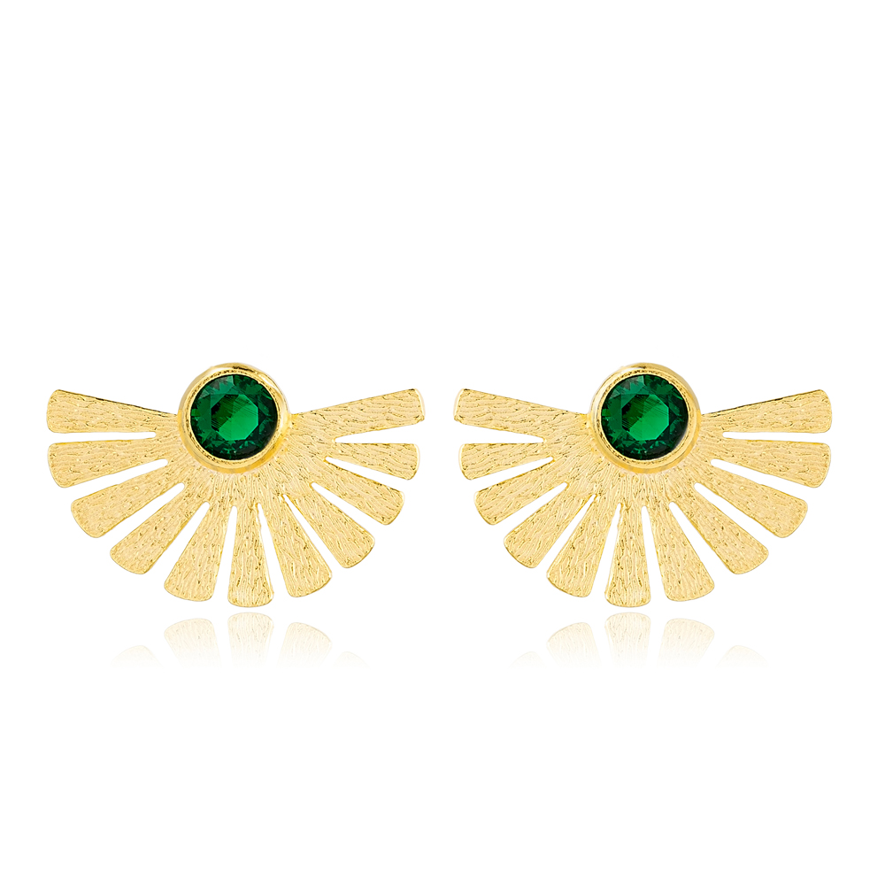 Textured Fan Design Stud Earrings Emerald Stone Turkish Handmade 925 Sterling Silver Jewelry