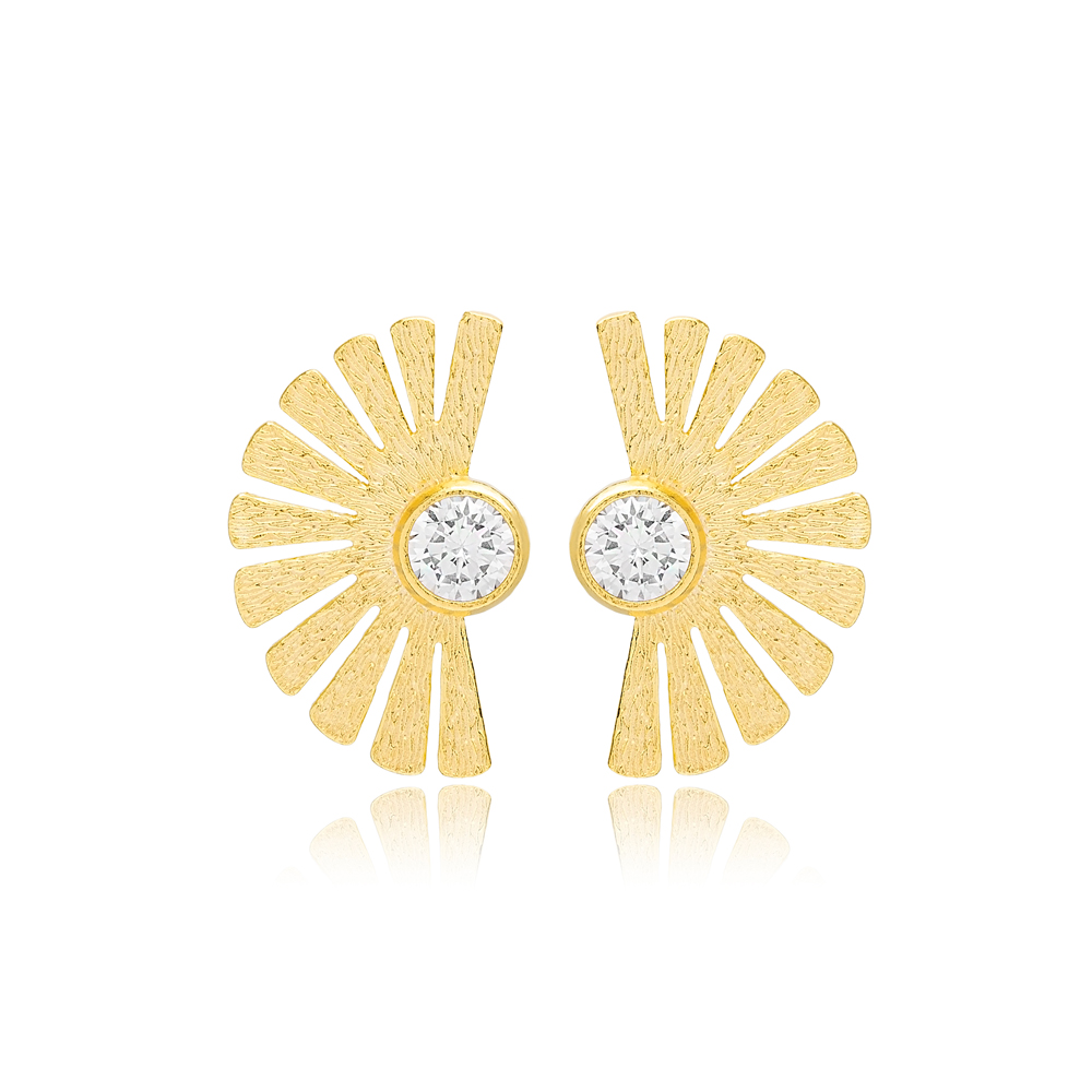 Fan Shaped Dainty Stud Earrings Clear Zircon Stone Handcrafted 925 Sterling Silver Jewelry