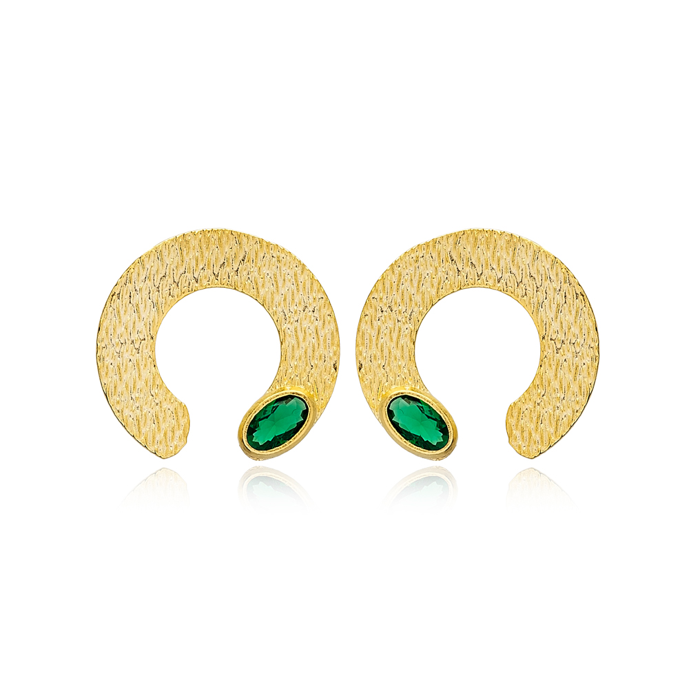 Half Circle Shape Emerald Stone Stud Earrings Turkish Wholesale 925 Sterling Textured Jewelry