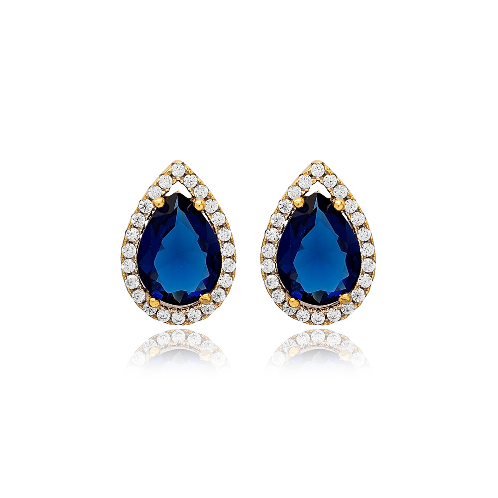 8x12 mm Sapphire Cubic Zircon Stone Pear Shape Stud Earrings 925 Sterling Wholesale Silver Jewelry
