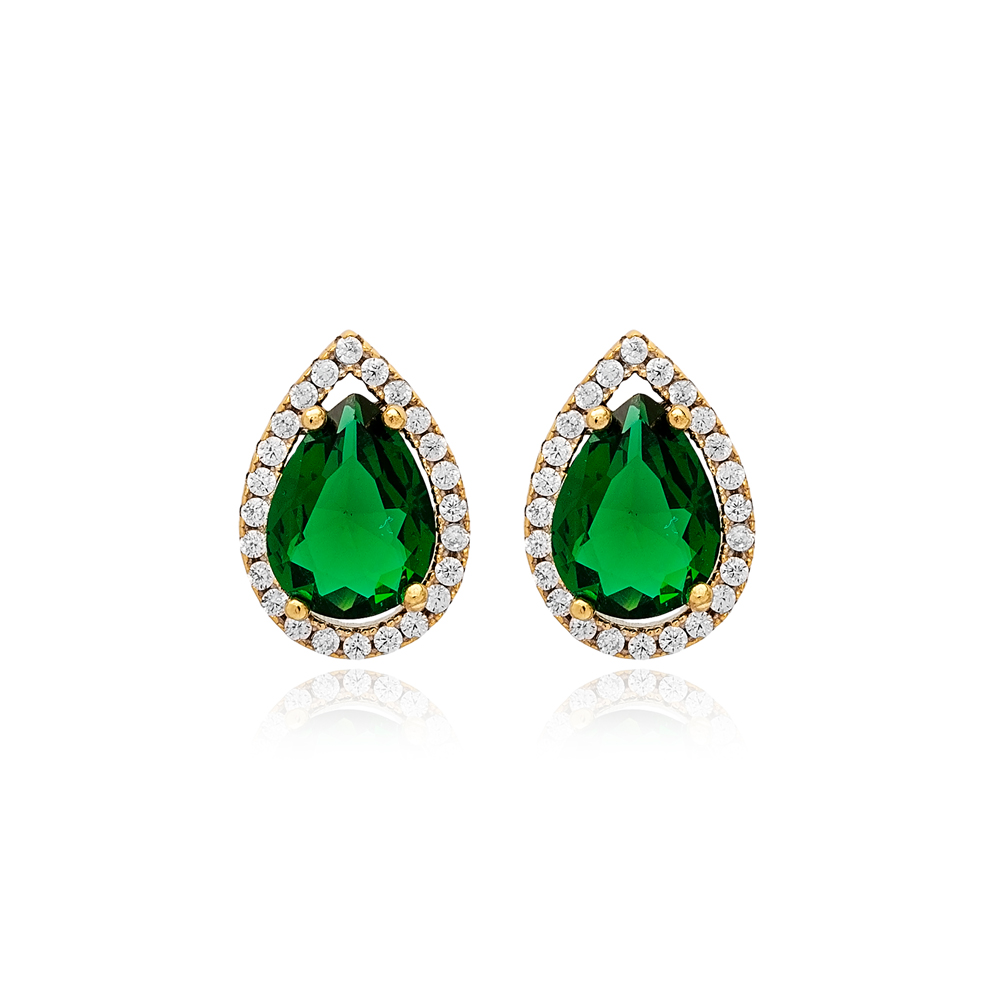 8x12 mm Emerald Cubic Zircon Stone Pear Shape Stud Earrings Wholesale 925 Sterling Silver Jewelry