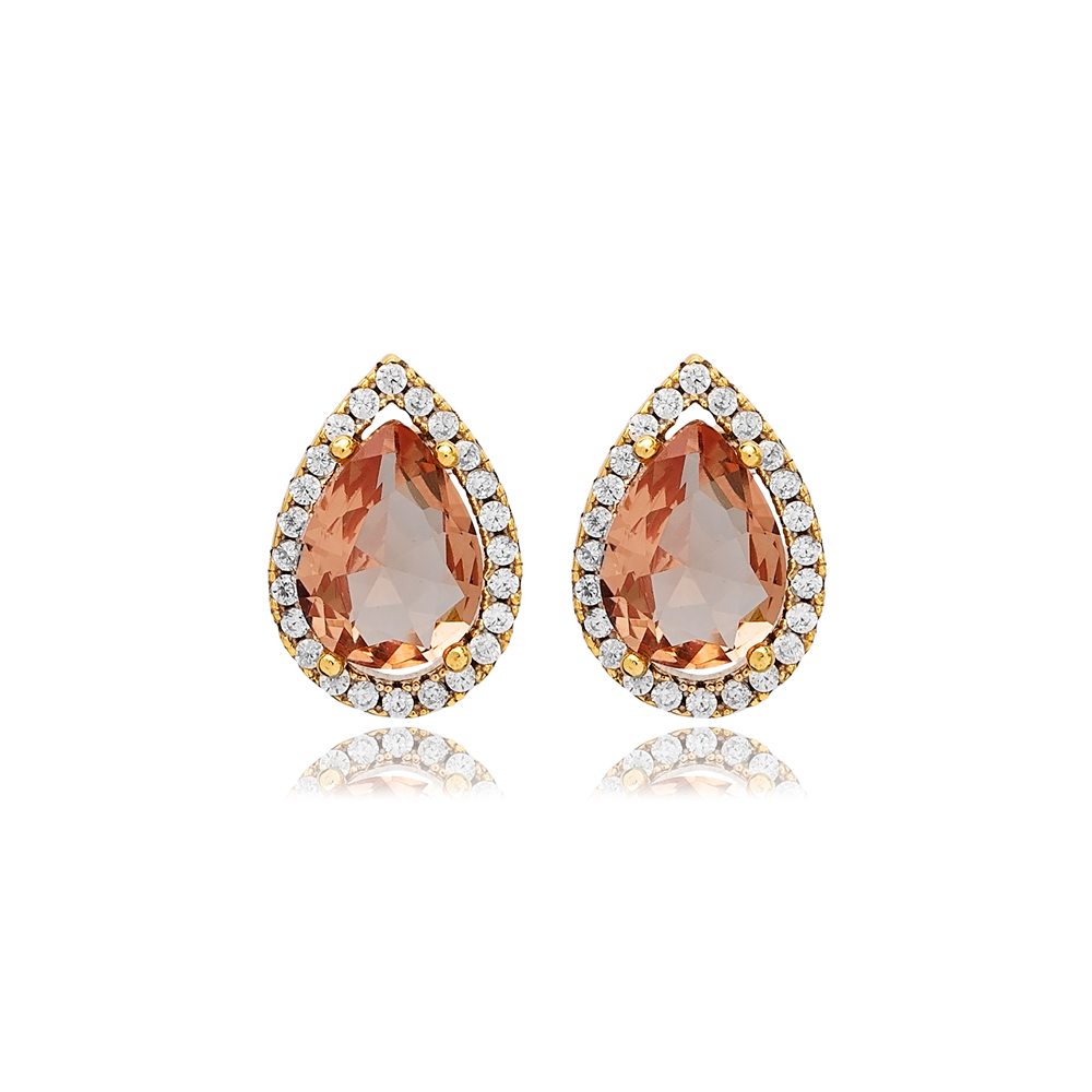 8x12 mm Citrine Cubic Zircon Stone Pear Shape Stud Earrings Wholesale 925 Sterling Silver Jewelry