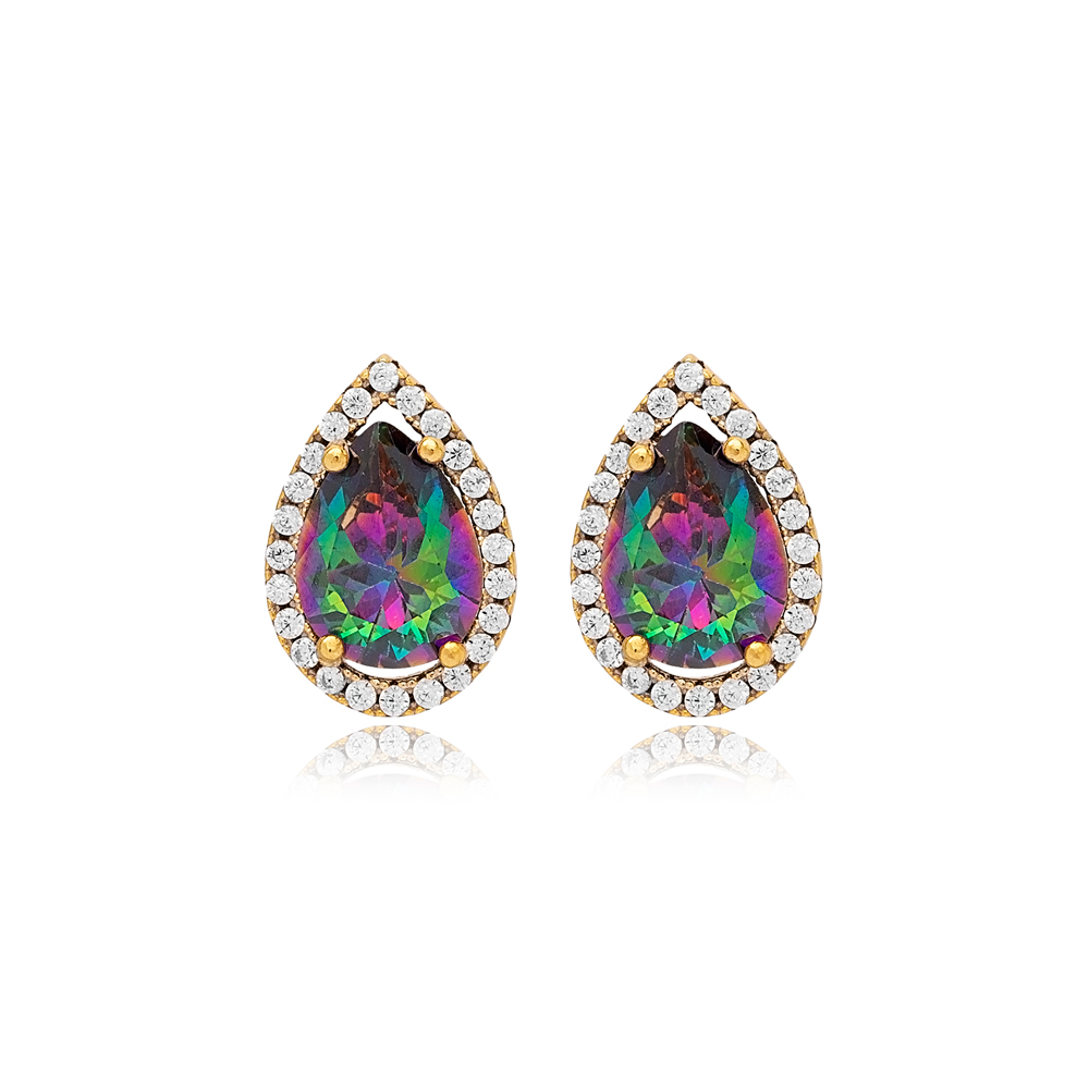 8x12mm Mystic Topaz Cubic Zircon Stone Pear Shape Stud Earrings Wholesale 925 Silver Jewelry