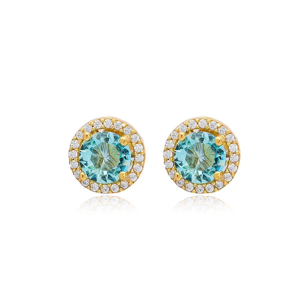 Ø9 mm Aquamarine CZ Stone Round Design Handmade Stud Earrings Wholesale 925 Sterling Silver Jewelry