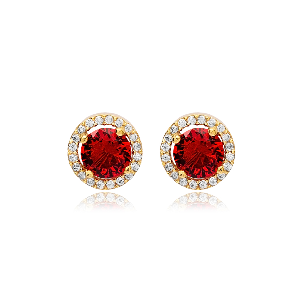 Ø9 mm Garnet CZ Stone Round Design Handmade Stud Earrings Wholesale 925 Sterling Silver Jewelry