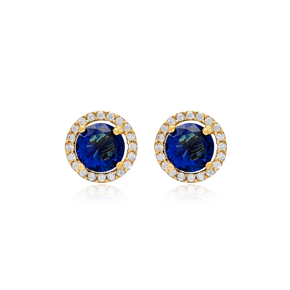 Ø9 mm Sapphire CZ Stone Round Design Stud Earrings Handmade Wholesale 925 Sterling Silver Jewelry