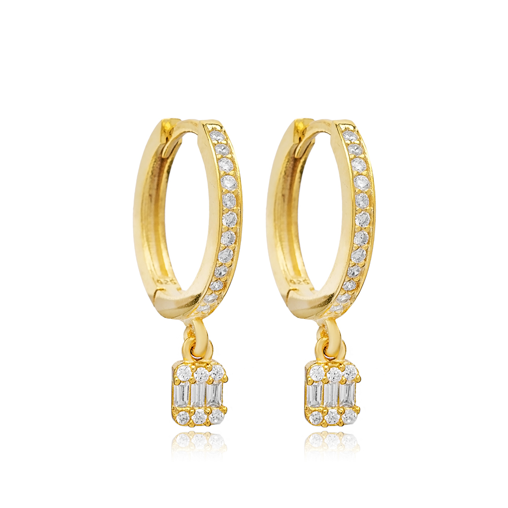 Geometric Baguette Design CZ Stone Dangle Earrings Turkish Wholesale 925 Sterling Silver Jewelry