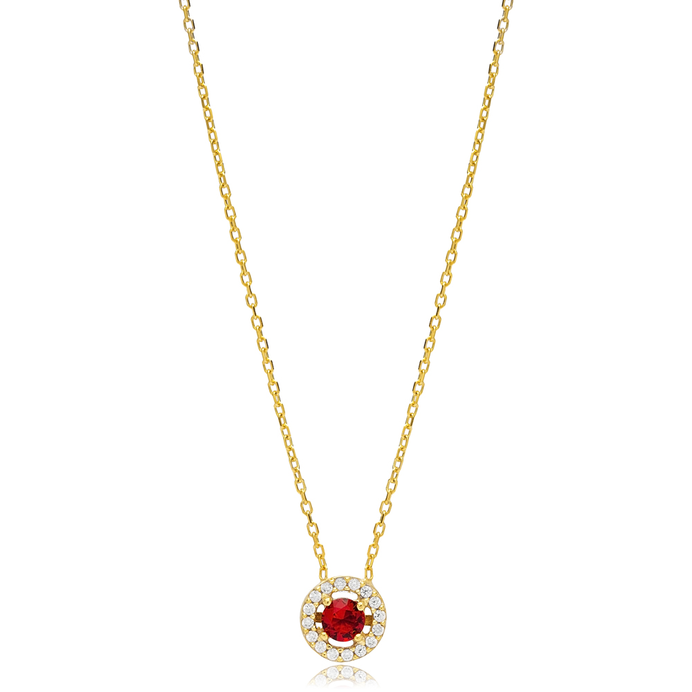 Round Design Minimalist Cubic Zircone Garnet Stone Charm Necklace Turkish Handcrafted Jewelry