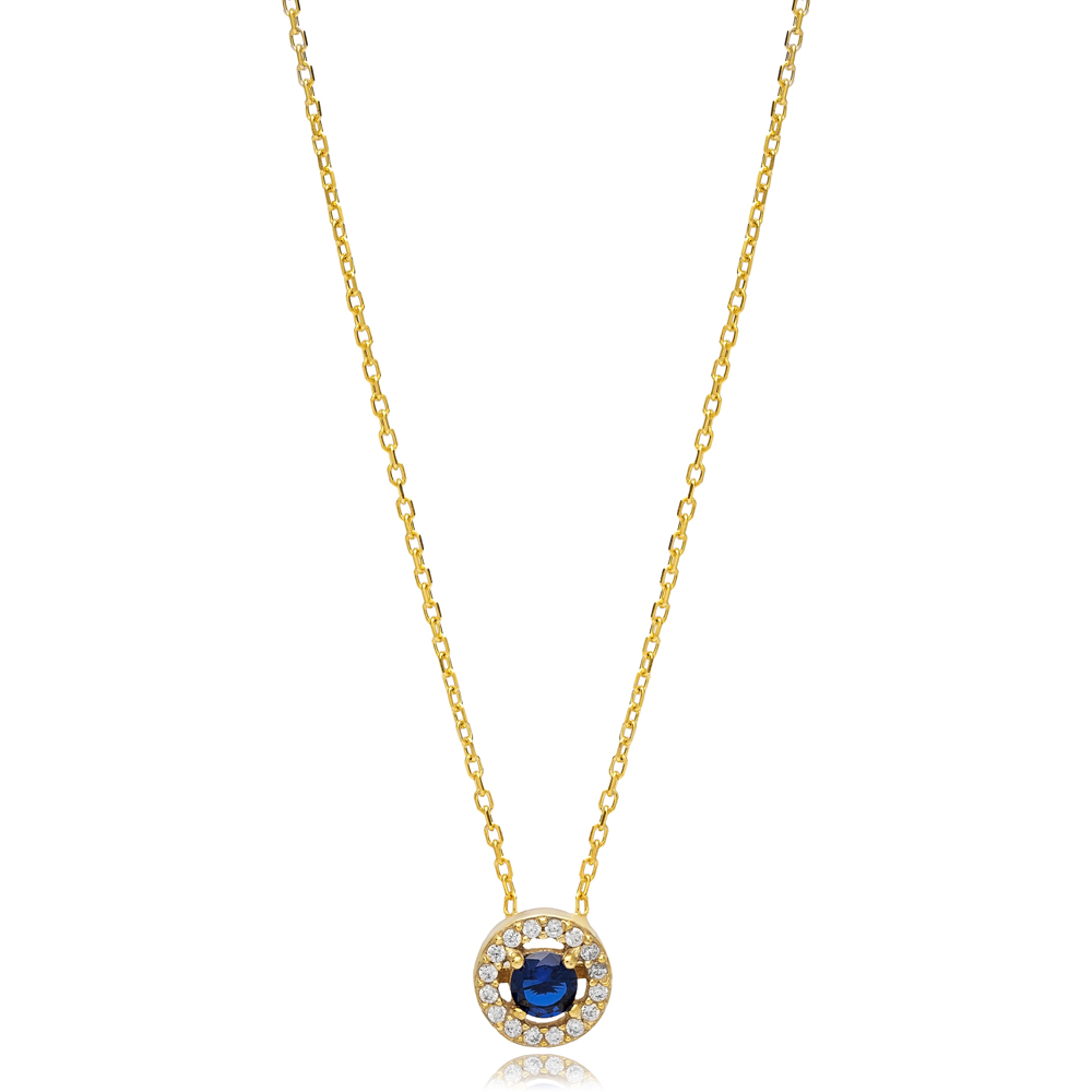 Sapphire CZ Charm Necklace Round Design Women Pendant Handcrafted 925 Sterling Silver Jewelry