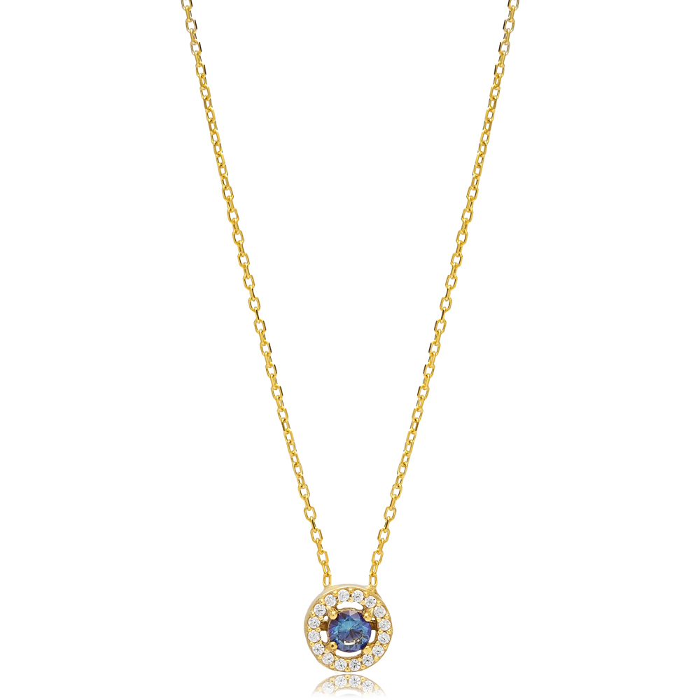 Round Design Blue Cubic Zircon Stone Charm Necklace Turkish 925 Sterling Silver Jewelry