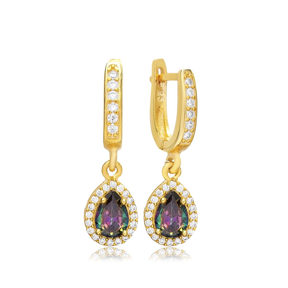 Pear Shape Mystic Topaz Cubic Zircon Stone Dangle Earrings Handmade Turkish Wholesale 925 Sterling Silver Jewelry