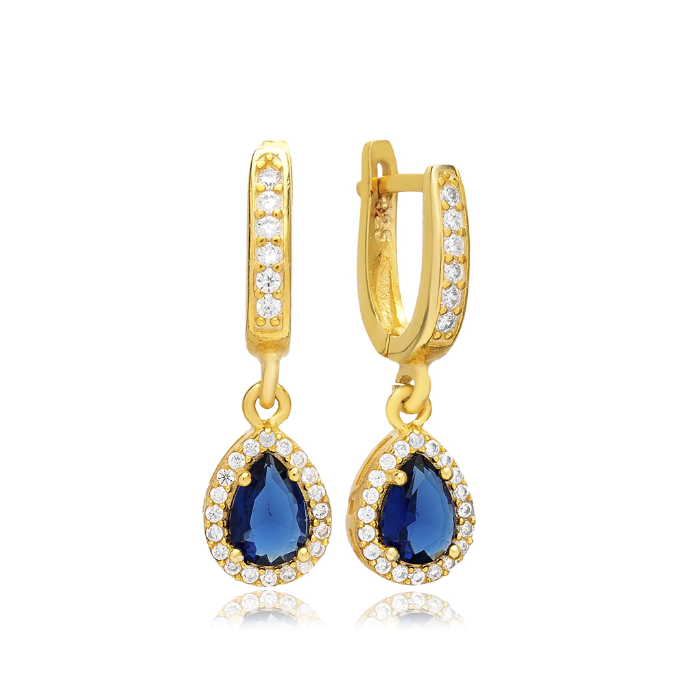 Sapphire Stone Pear Shape Cubic Zircon Dangle Earring Turkish Wholesale Women Jewelry