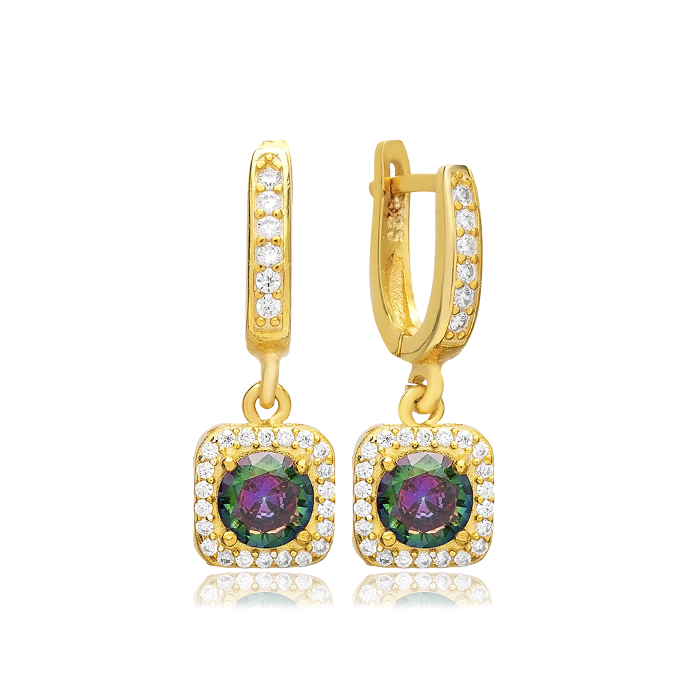 Square Design Mystic Topaz CZ Stone Dangle Earring Wholesale Turkish Handmade 925 Sterling Silver Jewelry