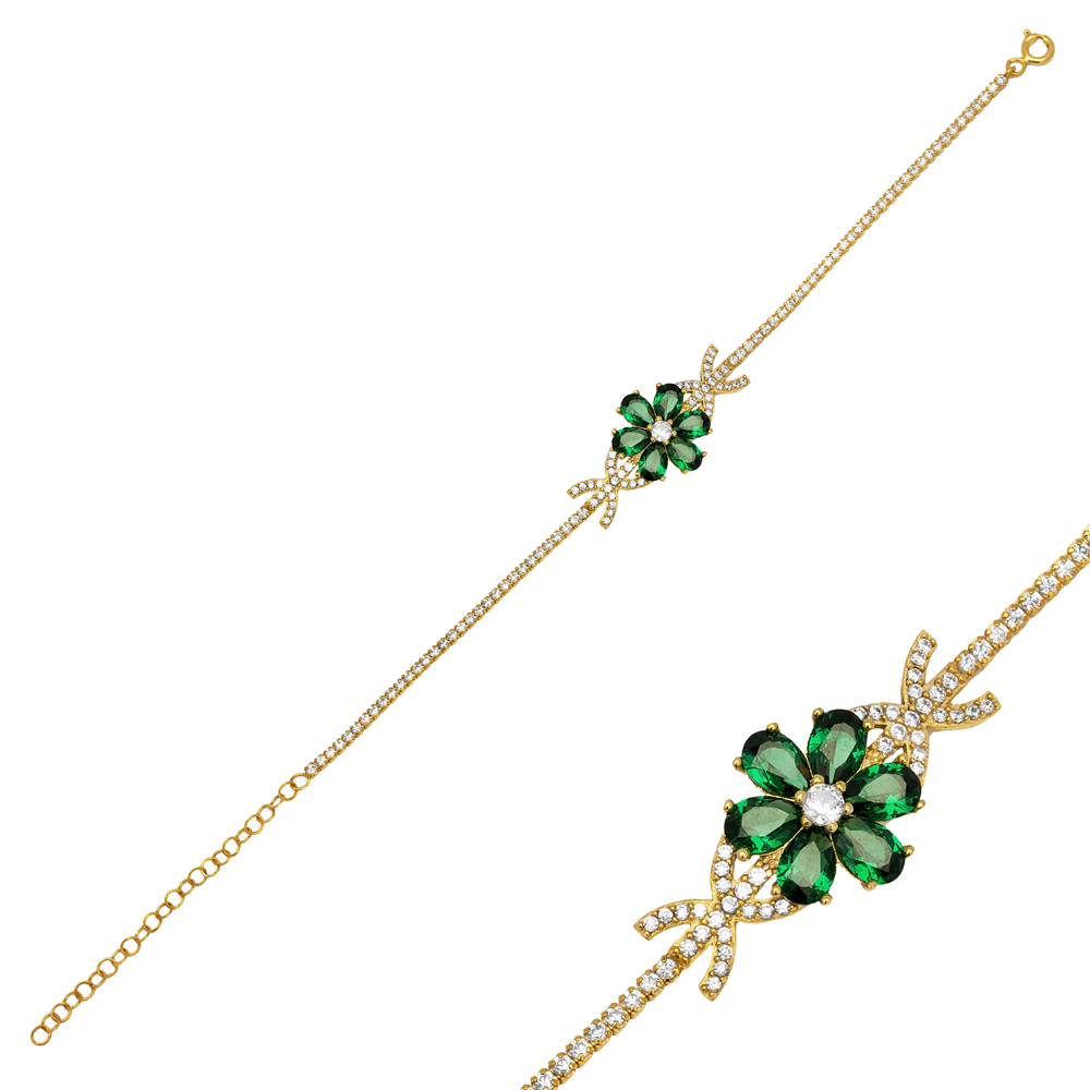 Emerald Cubic Zircon Stone Flower Design Turkish Wholesale Women Charm Bracelet Handmade 925 Sterling Silver Jewelry