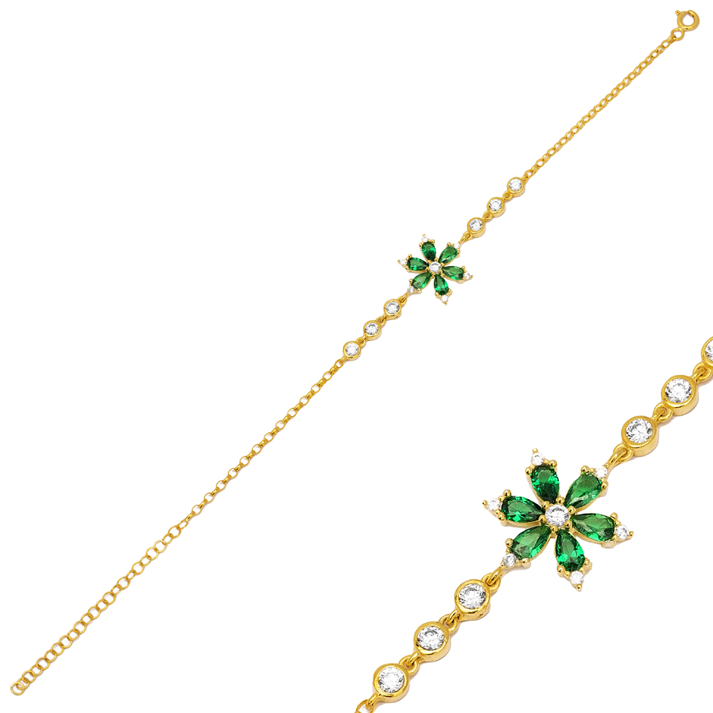 Pear Shape Emerald Cubic Zircon Flower Design Charm Bracelet Wholesale 925 Sterling Silver Jewelry